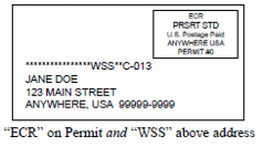 Image of presort envelope. Top right hand image of metered postage with text ECR PRSRT STD U.S. Postage Paid ANYWHERE USA PERMIT #0. Below is a series of aserisks, WSS two asterisks C-013. Next is the address JANE DOE, 123 MAIN STREET ANYWHERE,USA 99999-9999.Below is text in quotes ECR unquotes on Permit and  quotes WSS unquotes above address.