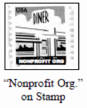 Image of Diner stamp which has a diner car the text USA, DINER and NONPROFIT ORG. Under the stamp is the text in quotes Nonprofit Org.unquote on Stamp