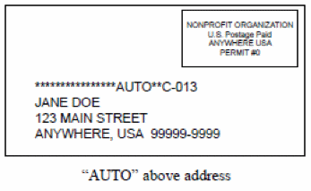 Image of envelope with rectangle on top right containing text NONPROFIT ORGANIZATION U.S. Postage Paid ANYWHERE USA PERMIT #0. Below is a series of asterisks then AUTO two asterisks C-013. Below this is the address JANE DOE 123 MAIN STREET ANYWHERE,USA 99999-9999. Below is in quotes AUTO closed quotes above address