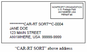 Image of nonprofit CAR-RT SORT envelope. In top right hand corner is rectangle with text NONPROFIT ORGANIZATION U.S. Postage Paid ANYWHERE USA PERMIT #0. Below is a series of asterisks CAR-RT SORT two asterisks C-0004 and the address JANE DOE 123 MAIN STREET ANYWHERE, USA 99999-9999. Below in quotes is CAR-RT SORT unquote above address.