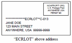 Image of envelope with rectangle in upper right hand corner containing text NONPROFIT U.S.Postage Paid ANYWHERE USA PERMIT #0. Below is a series of asterisks ECRWSS two asterisks C-013. Below is an address JANE DOE 123 MAIN STREET ANYWHERE,USA 99999-9999. Below is the text quotes ECRWSS closed quotes above address.