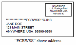 Image of envelope with rectangle in upper right hand corner containing text NONPROFIT ORG.U.S.Postage Paid ANYWHERE USA PERMIT #0. Below is a series of asterisks ECRLOT two asterisksC-013. Below is an address JANE DOE 123 MAIN STREET ANYWHERE,USA 99999-9999. Below is the text quotes ECRLOT closed quotes above address.