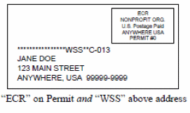Image of envelope with rectangle in upper right hand corner containing text ECR NONPROFIT Org. U.S.Postage Paid ANYWHERE USA PERMIT #0. Below is a series of asterisks WSS two asterisks C-013. Below is an address JANE DOE 123 MAIN STREET ANYWHERE,USA 99999-9999. Below is the text quotes ECR closed quotes on Permit and quotes WSS closed quotes above address.