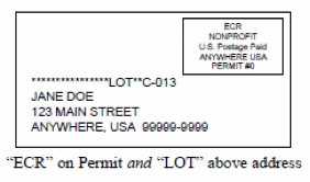 Image of envelope with rectangle in upper right hand corner containing text ECR NONPROFIT U.S.Postage Paid ANYWHERE USA PERMIT #0. Below is a series of asterisks LOT two asterisks C-013. Below is an address JANE DOE 123 MAIN STREET ANYWHERE,USA 99999-9999. Below is the text quotes ECR closed quotes on Permit and quotes LOT closed quotes above address.