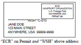 Image of envelope with rectangle in upper right hand corner containing text ECR NONPROFIT Organization U.S.Postage Paid ANYWHERE USA PERMIT #0. Below is a series of asterisks WSH two asterisks C-013. Below is an address JANE DOE 123 MAIN STREET ANYWHERE,USA 99999-9999. Below is the text quotes ECR closed quotes on Permit and quotes WSH closed quotes above address.
