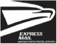 Image of Postal eagle's head facing the right. The image is black and white with the text Express Mail,UNITED STATES POSTAL SERVICE under the eagle.
