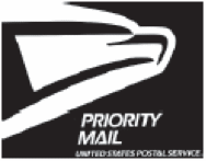 Image of Postal eagle's head facing the right. The image is black and white with the text Priority Mail,UNITED STATES POSTAL SERVICE under the eagle.