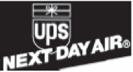 Black and white image of UPS NEXT DAY AIR. The UPS logo with a small package with a string in a bow around it above shield image which contains the acronym UPS inside. Below is the text NEXT DAY AIR and registered trademark.