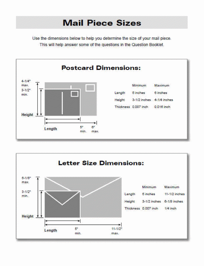 Image of Mail Piece Sizes and directions.