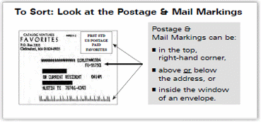 Image which contains the text To Sort: Look at the Postage and Mail Markings. There are two rectangles on the left one comtains example of postal return address and address. Arrows point to bulleted instructions in right rectangle which state Postage and mail Markings can be: in the topr right-hand corner, above or below the address, or inside the window of an envelope.