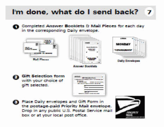 Image with light gray rectangle at top of page with black bold text I'm done, what do I send back? A white circle with a black 7 in the center follows. Next line a small black circle with a number 1 and text Completed Answer Booklets & Mail Pieces for each day in the corresponding Daily envelope. Below is an image of multi-sized envelopes with illegible text beneath. Next is an image of multiple answer booklets with text beneath Answer Booklets. TO the right multiple envelopes with Monday on the top envelope and text beneath stating Daily Envelopes.Next line small black circle with a white 2 in the middle.Next text Gift Selection form with your choice of gift selected. To the right is an example of a form.The next line is a small black circle with a 3 in the center. Text to the right states Place Daily Envelopes and Girt Form in the postage-paid Priority Mail envelope.Drop in any public U.S. Postal Service mail box or at your local post office. To the right is a Priority Mail envelope with the head of an eagle on a black background with text Priority Mail.