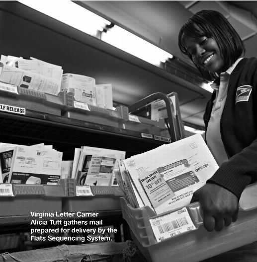 postal worker gathers mail prepared by the FSS