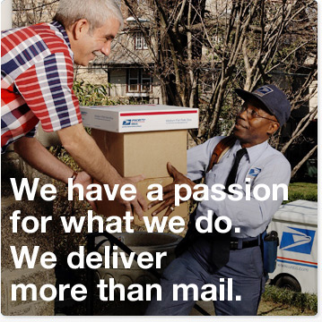 We have a passion for what we do. We deliver more than mail. A USPS letter carrier delivering mail to a cheerful recipient. The older carrier is handing 3 boxes, including a Priority Mail package, to an older resident outside his door.