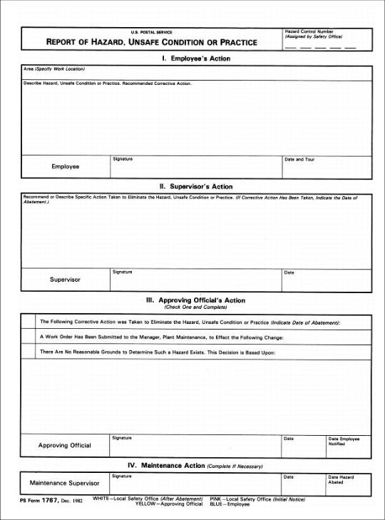 PS Form 1767 - Report of Hazard, Unsafe Condition, or Practice