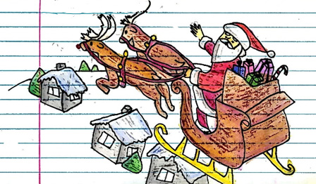 A kid's drawing of Santa’s sleigh filled with gifts and being pulled by his reindeer flying over homes.