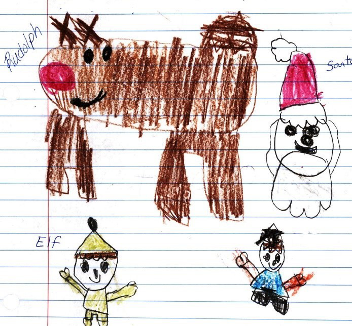 A child’s drawing of Rudolph, Santa, an elf and themself.
