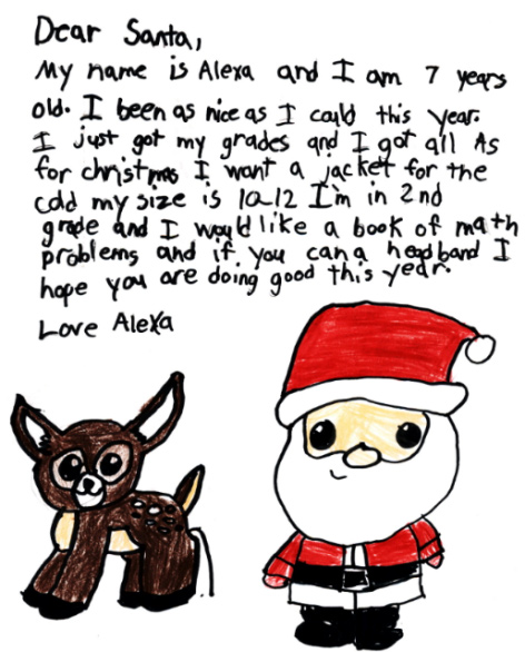 Letter to Santa with a drawing of Santa and a reindeer.