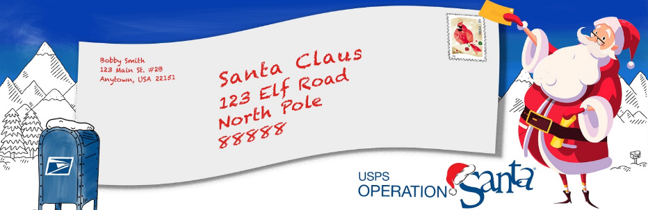 An illustration of an envelope, addressed to: Santa Claus, 123 Elf Road, North Pole, 88888. The writer’s return address is written clearly in the upper left corner of the envelope. The return address includes your street address, apartment numbers and street directional (if applicable), city, state and ZIP Code. A First-Class Mail postage stamp is placed in the upper right corner of the envelope.