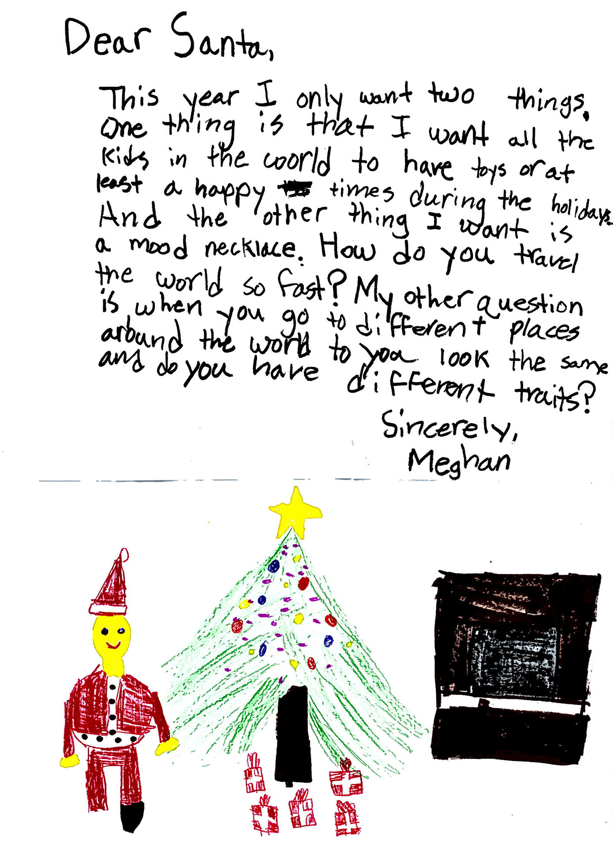 Letter to Santa with child’s drawing of Santa and a Christmas tree with gifts underneath.