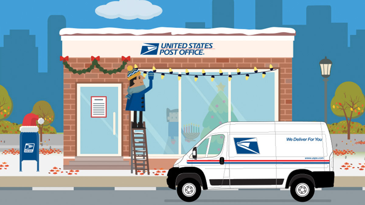 External caroon post office with employee on a latter putting up holiday lights.