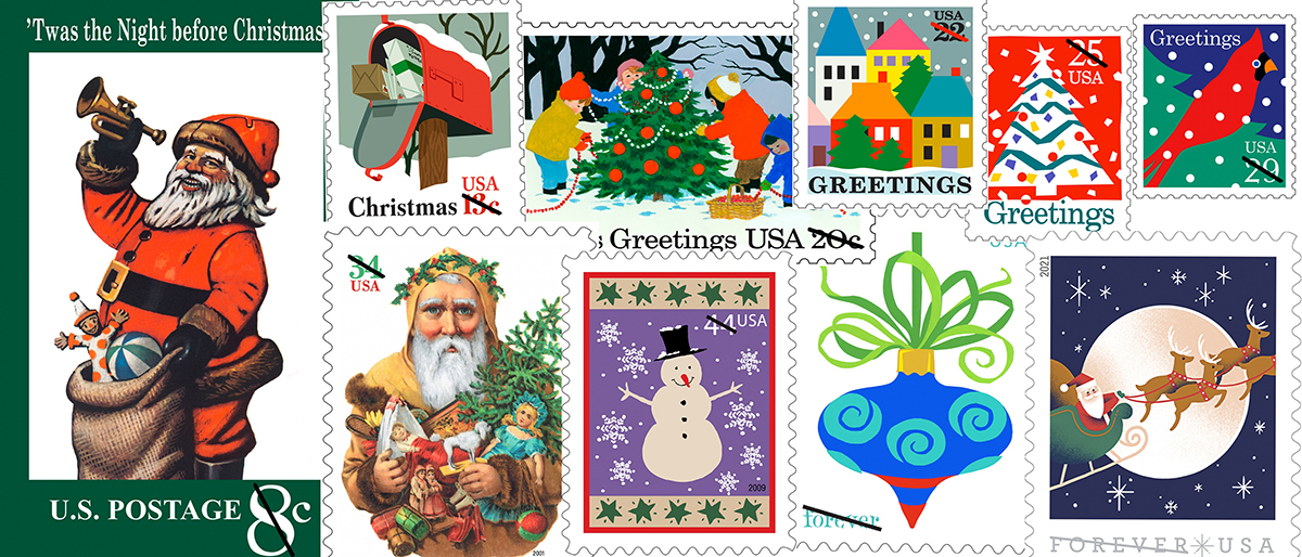 A collage of USPS Christmas stamps from the past.