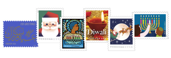 A selection of this year’s holiday postage stamps.