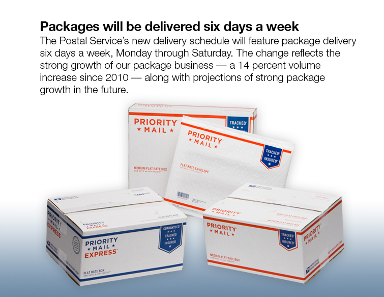 Packages will be delivered six days a week. The new delivery schedule will feature package delivery six days a week, Monday through Saturday. The change reflects the strong growth of our package business -- a 14% volume increase since 2010 -- along with projections of strong package growth in the future.