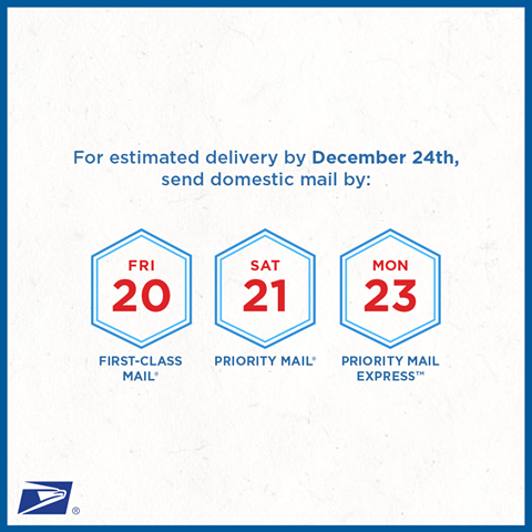 For estimated delivery by December 24th, send domestic mail by: Friday, Dec. 20   (First-Class Mail), Saturday, Dec. 21  (Priority Mail), Monday, Dec. 23  (Priority Mail Express)