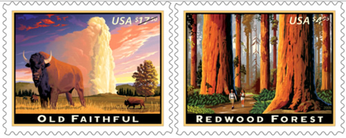 Old Faithful and Red Forest stamps