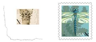 Image of Corinthian capital and dragonfly stamps