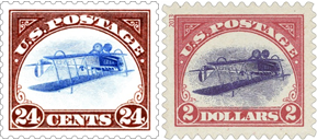 the 24-cent Inverted Jenny stamp (left), and the $2 Inverted Jenny stamp (right)