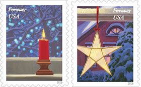Forever holiday stamps, inside looking out