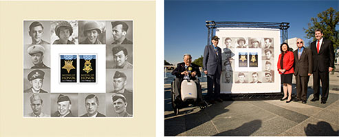 The Medal of Honor stamp folio (left) and of Irene Hirano Inouye at the Medal of Honor stamp First Day of Issue ceremony (right)