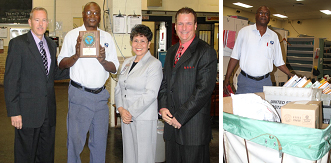 IN THE CLUB: At High Point PO, Letter Carrier Leon Hogan (holding plaque) celebrates entry into Million Mile Club with (from left) Post Office Operations Mgr. Robert Hall, Postmaster Dee Strickland and Acting District Mgr. Ronnie White. At right, Hogan prepares to hit the streets loaded with mail.