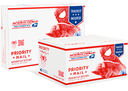 Priority Mail Flat Rate Shipping packages with Spider-Man design