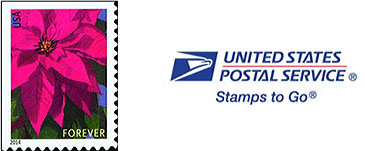 2014 Poinsettia holiday stamp (left) and Stamps To Go logo (right) 2014 Poinsettia holiday stamp (left) and Stamps To Go logo (right)