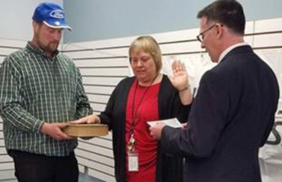 Naomi Tilton being sworen in as South Barre, VT Postmasster