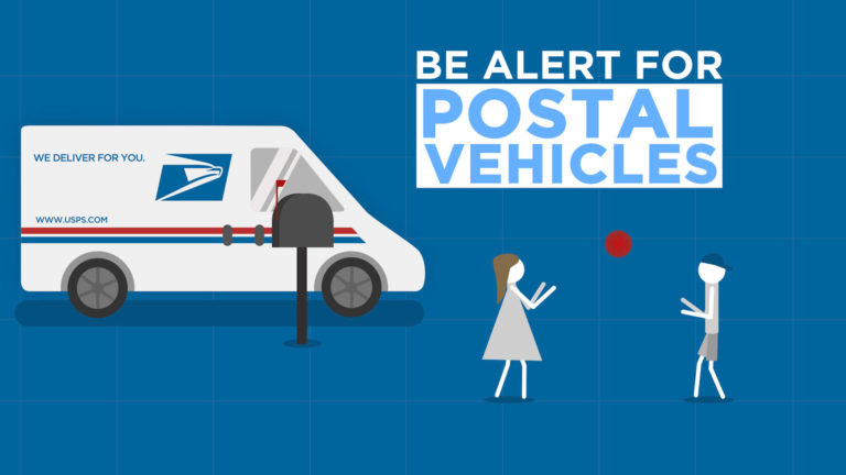 Video thumbnail displaying two playing kids next to a mailbox and mail vehicle with the text 'Be alert for Postal vehicles'