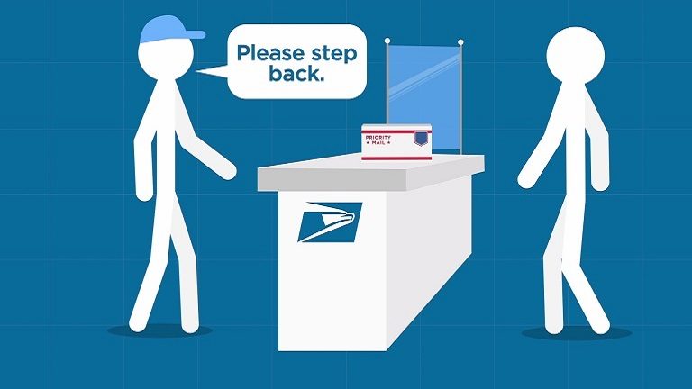 Video thumbnail of simple illustration of Post Office employee asking customer to please step back