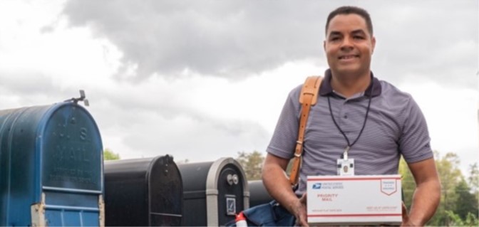 Postal carrier with pacakage