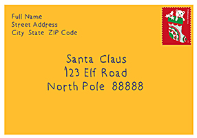 A letter addressed to the USPS Operation Santa address with a return address at the top-left and a stamp on the top-right