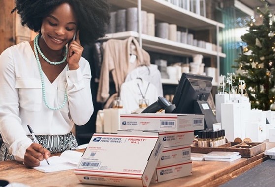 A business woman calls with customer by phone