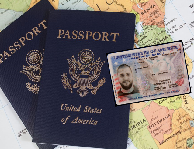 Two US Passports on top a  world map with a US Id card
