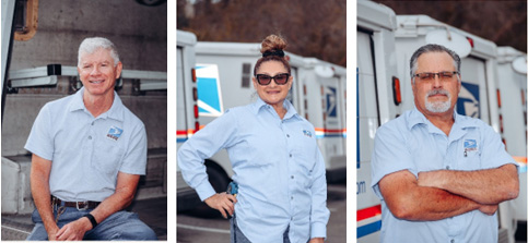 37-year Letter Carrier Adam Dube, 30-year Letter Carrier Sherry Garrett and 32-year Letter Carrier Charles Jensen.