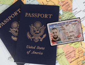 Two United States passport books and an Inited States identification card on top of a map.