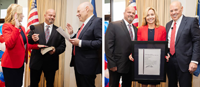 Tanya Toedt Fitzharris was installed as the San Diego postmaster by USPS PMG Louis DeJoy (far right in both photos), with assistance from her husband