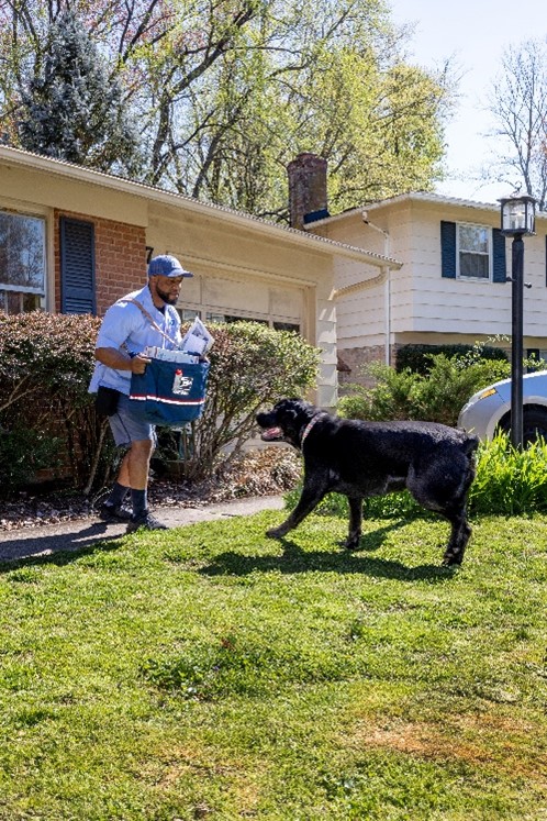 Gaithersburg, MD, letter carrier Hugues Pointe Jour takes a protective stance against an approaching dog.
