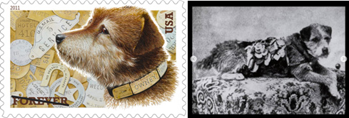 Owney Forever stamp issued in 2011 and a photo of Owney courtesy of the Smithsonian National Postal Museum