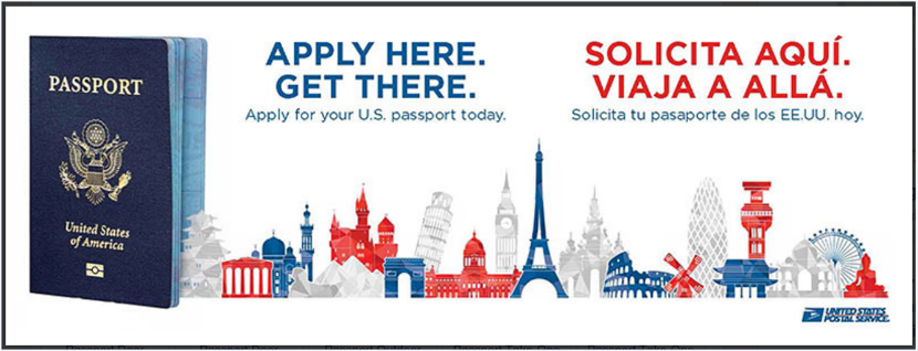 Apply here get there, US Passport book with images of world buildings