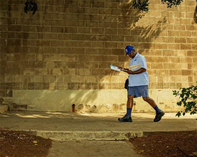 Letter Carrier delivering mail on route